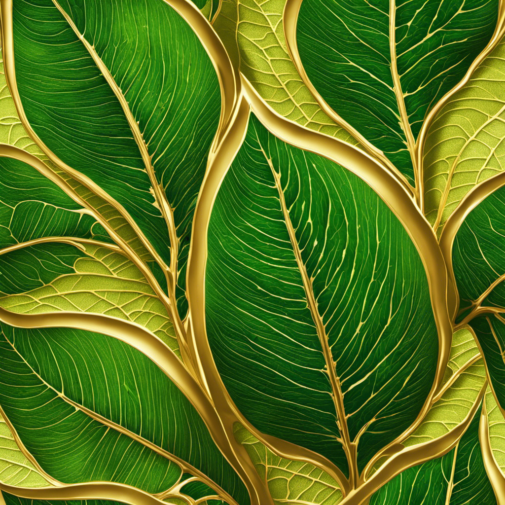 An image of a lush green leaf with intricate veins, bathed in golden sunlight