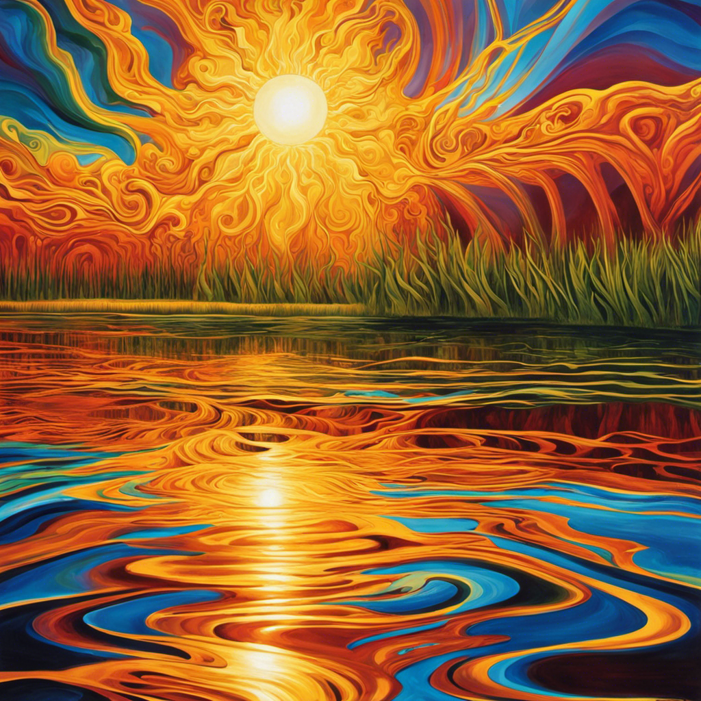 An image capturing the vibrant spectacle of solar energy transforming a tranquil body of water: shimmering ripples dance in kaleidoscopic patterns, with steam gracefully rising, as radiant sunlight warms the liquid's surface, a testament to the power of renewable energy