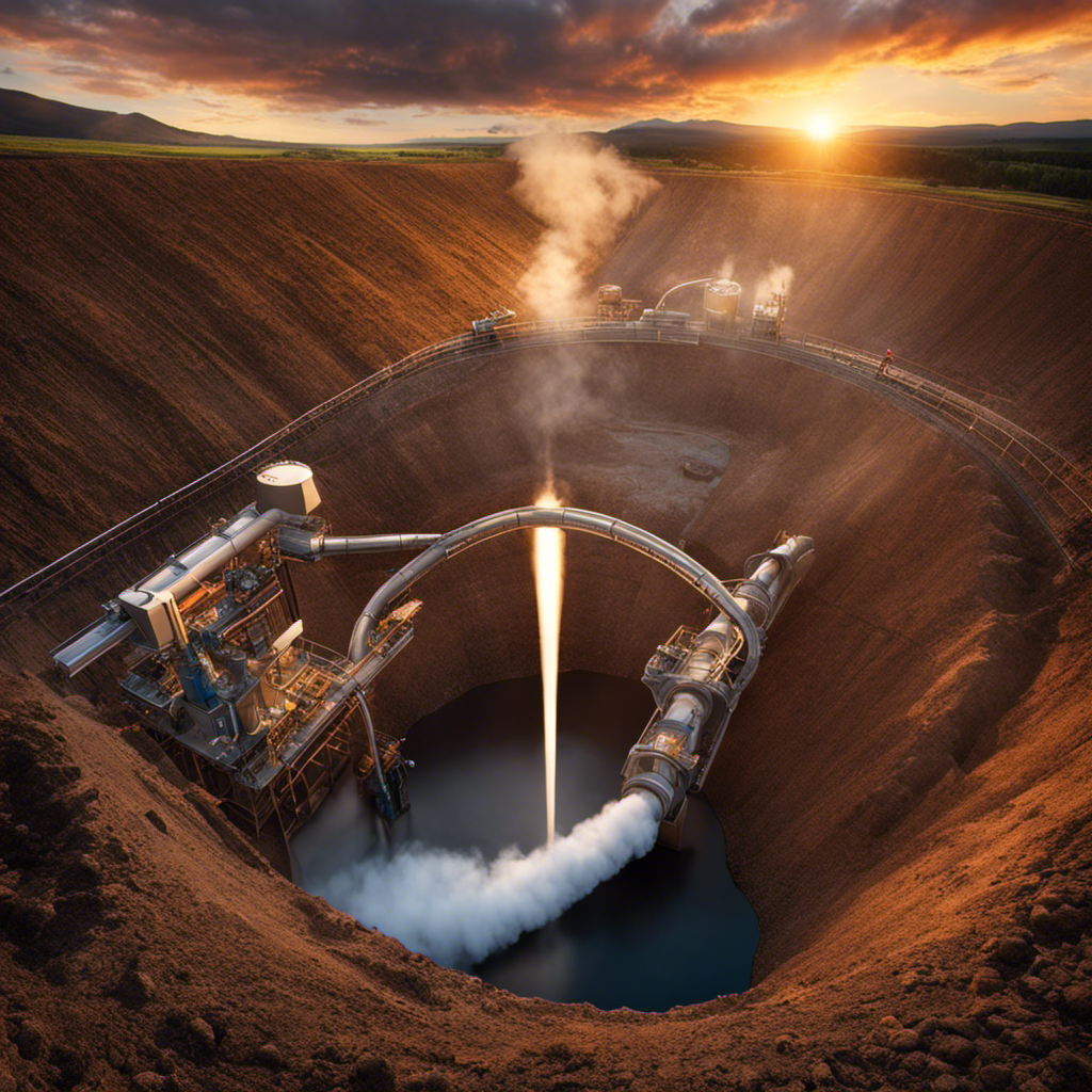 An image that showcases the intricate process of harnessing geothermal energy, depicting a powerful underground heat source being tapped into by drilling deep into the earth's crust, leading to the production of clean and sustainable energy