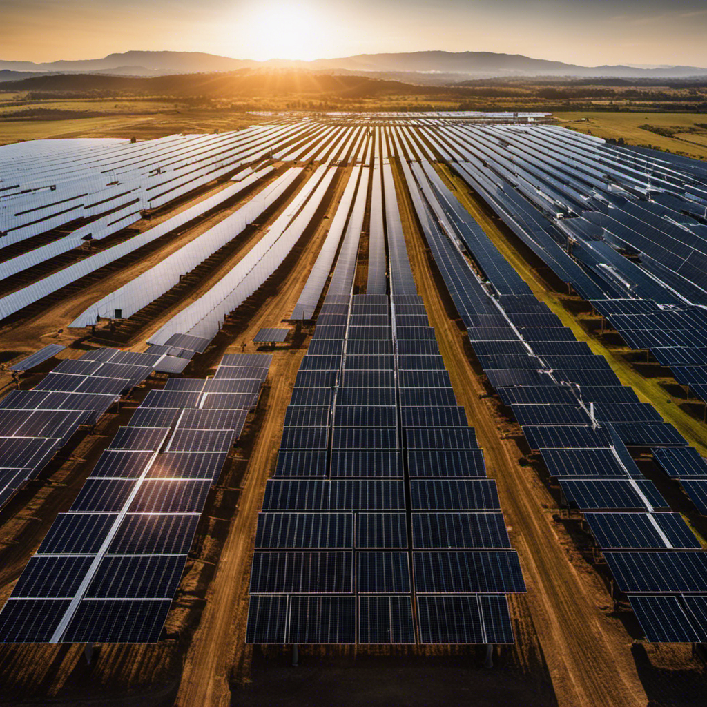 An image showcasing a vast solar farm with rows of glistening solar panels stretching towards a horizon, contrasted against a backdrop of fading smokestacks and diminishing coal mines, symbolizing the profound impact of U