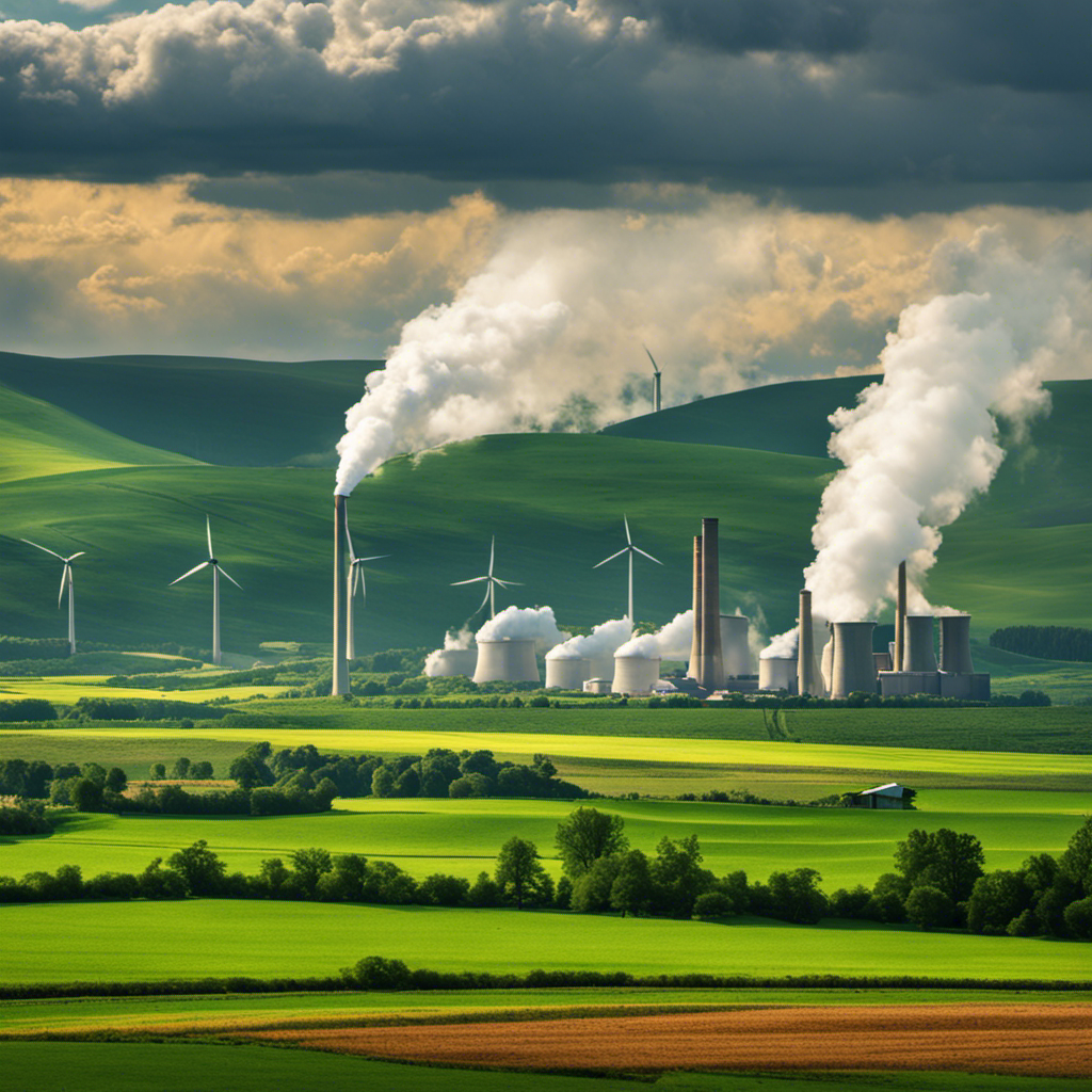 An image showcasing a power plant nestled amidst lush green farmlands, with towering wind turbines in the background