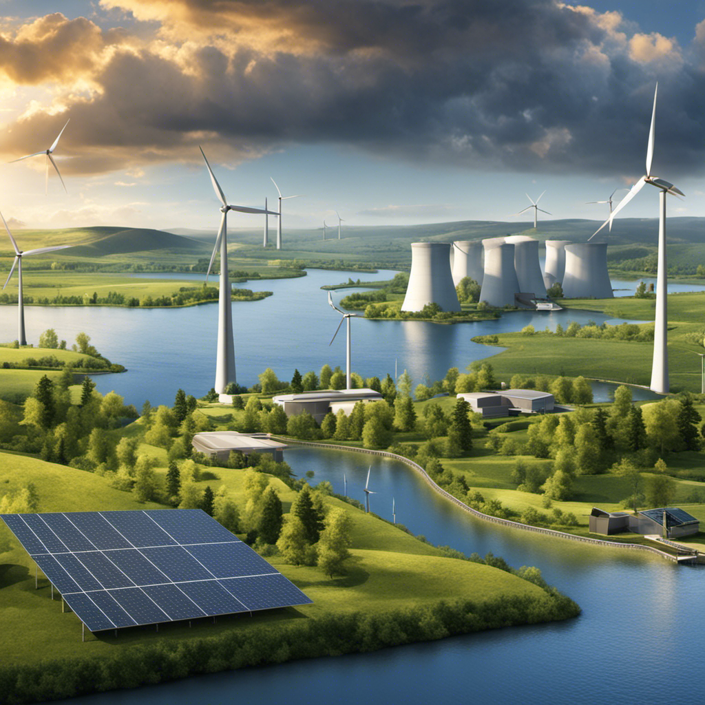 An image that showcases a diverse landscape with a nuclear power plant, wind turbines, a hydroelectric dam, and solar panels, all seamlessly coexisting, symbolizing the common advantage of these renewable energy sources