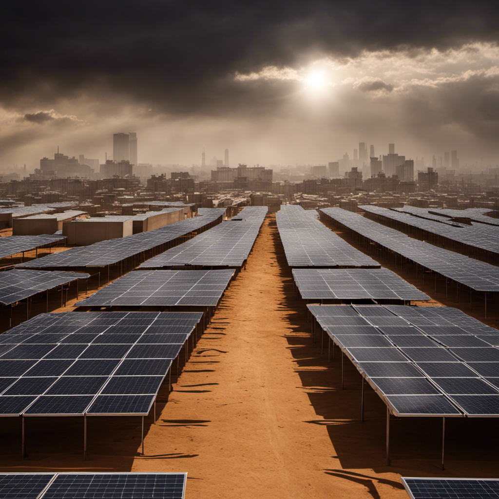 An image that portrays a gloomy, deserted cityscape, with solar panels on rooftops covered in thick layers of dust and dirt