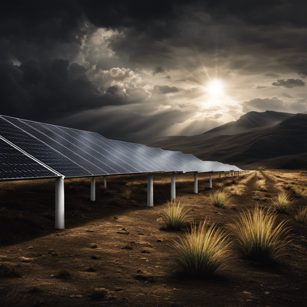 An image showcasing a gloomy, shadowed landscape with solar panels covered by dark clouds, illustrating the disadvantage of solar energy's dependence on sunlight, highlighting the potential for energy shortage