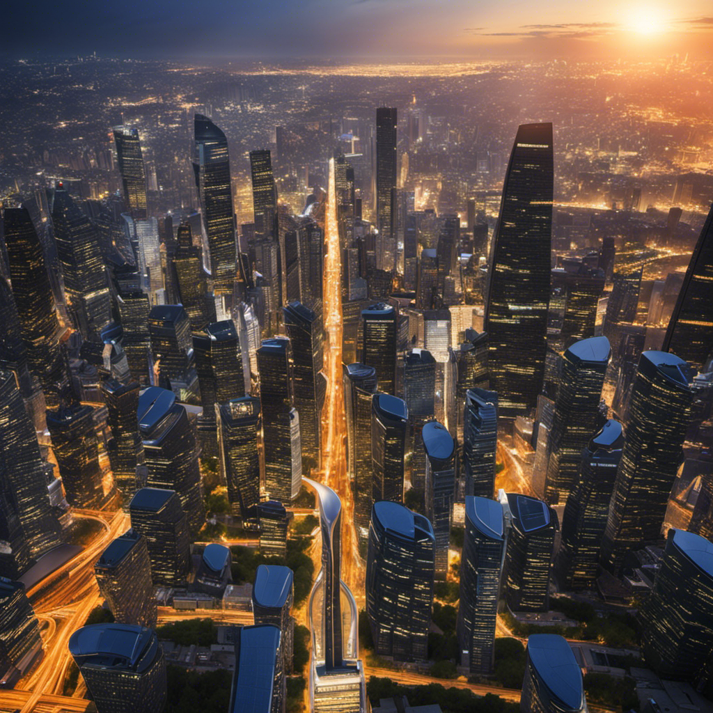 An image showcasing a bustling city during peak hours with solar panels and a dimly lit skyline, highlighting the challenge of solar energy in meeting high demand
