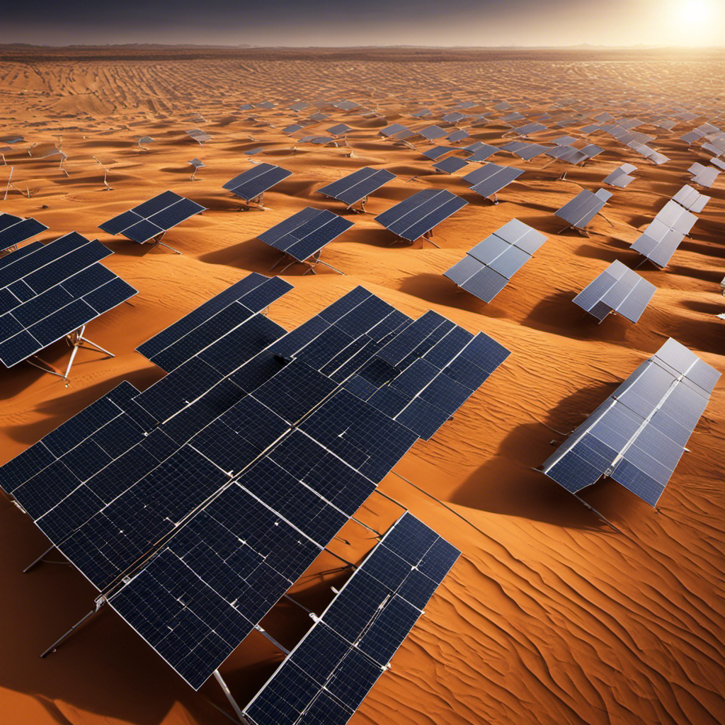 An image showcasing a vast, barren desert landscape with solar panels scattered across it, highlighting the geographical limitation of solar energy