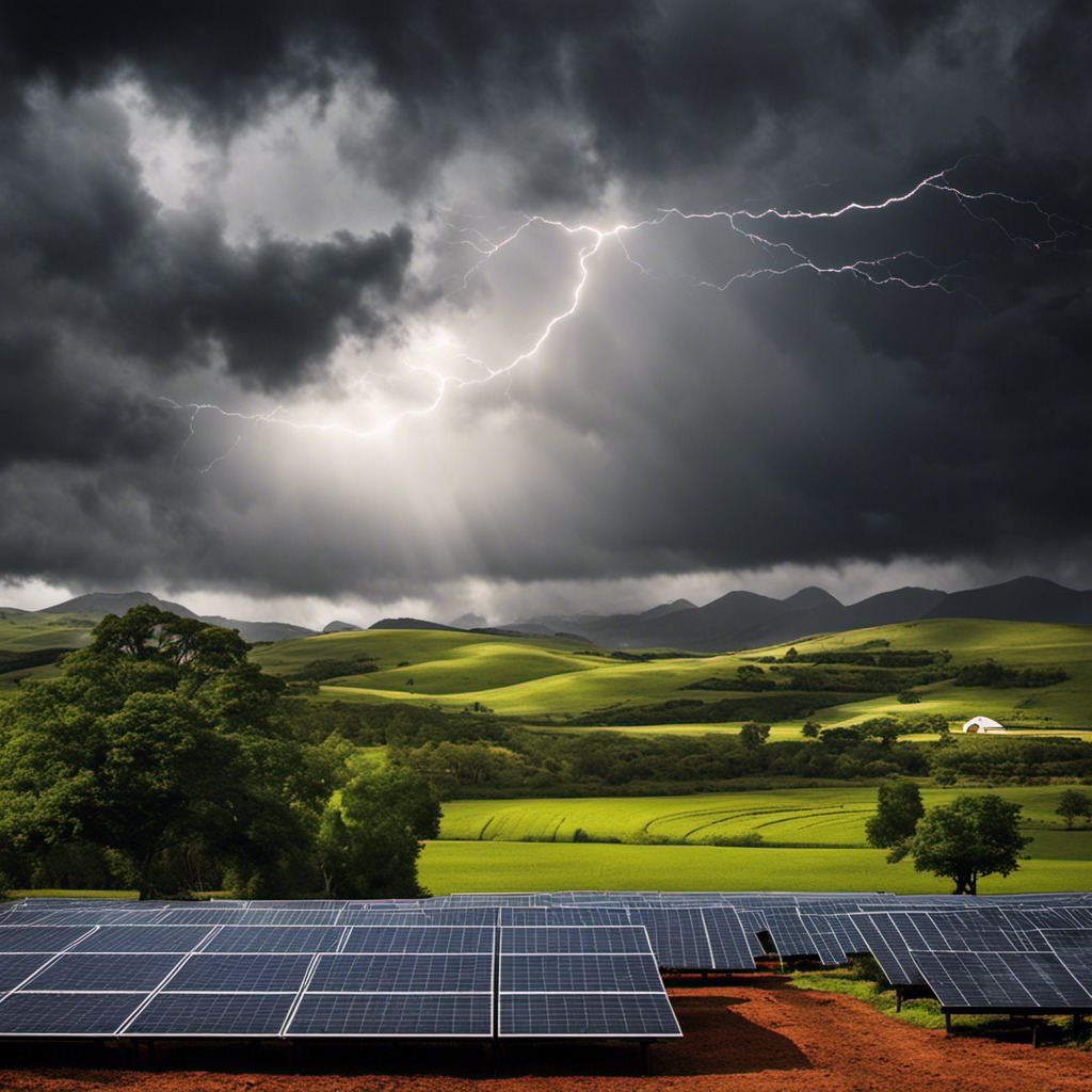 An image that depicts a gloomy, rain-soaked landscape with dark clouds overhead, contrasting against a solar panel installation