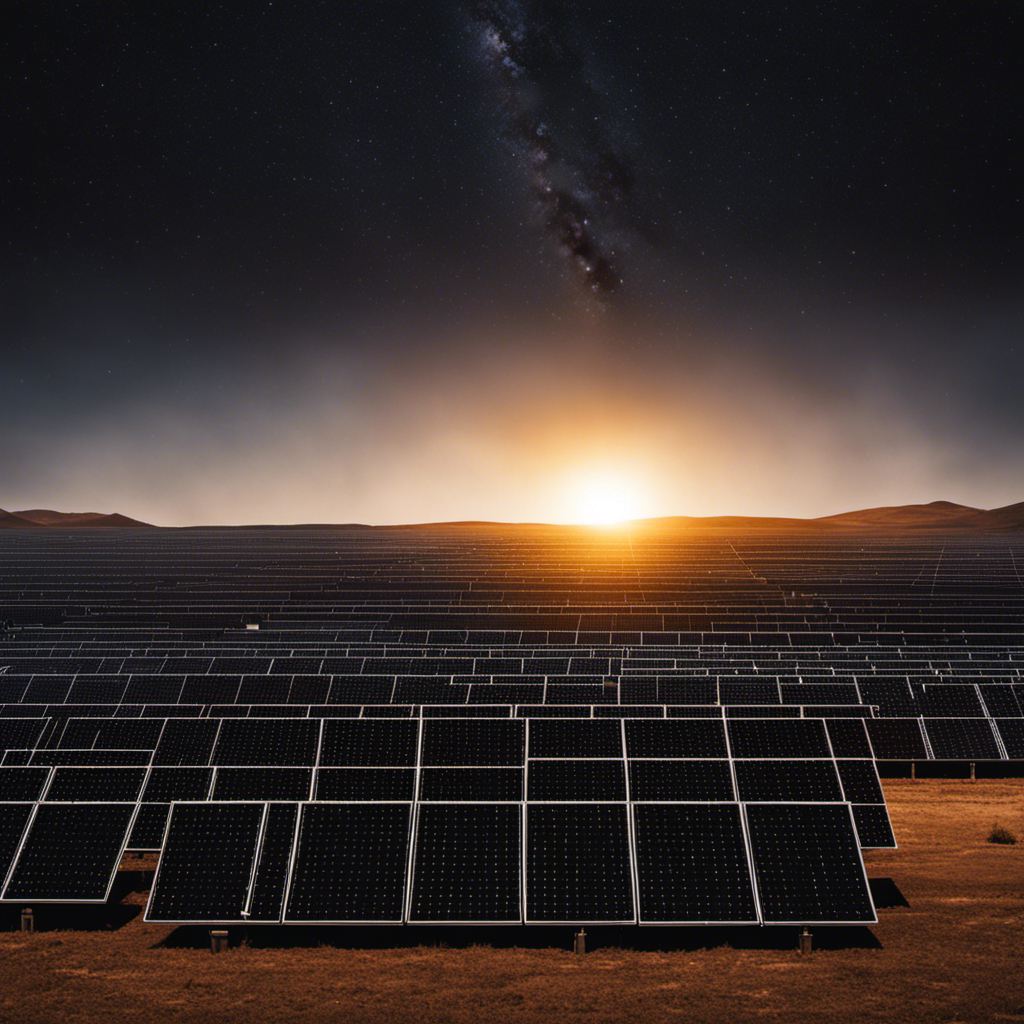 An image showcasing a vast solar panel field that fades into darkness, symbolizing the limited energy generation during nighttime, highlighting the drawback of solar energy production