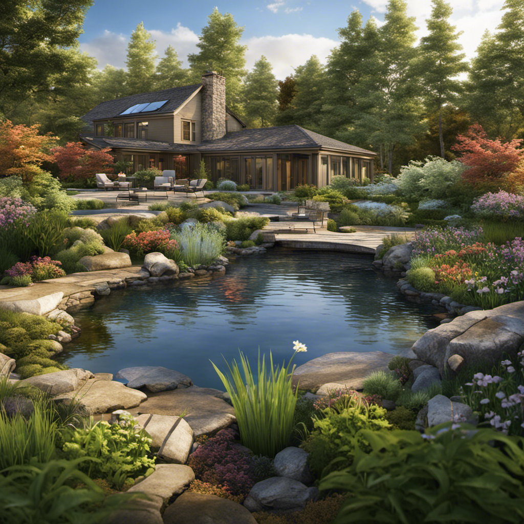 An image showcasing a serene backyard landscape with a tranquil pond nestled within, surrounded by an intricate network of underground pipes that harness geothermal energy for sustainable power