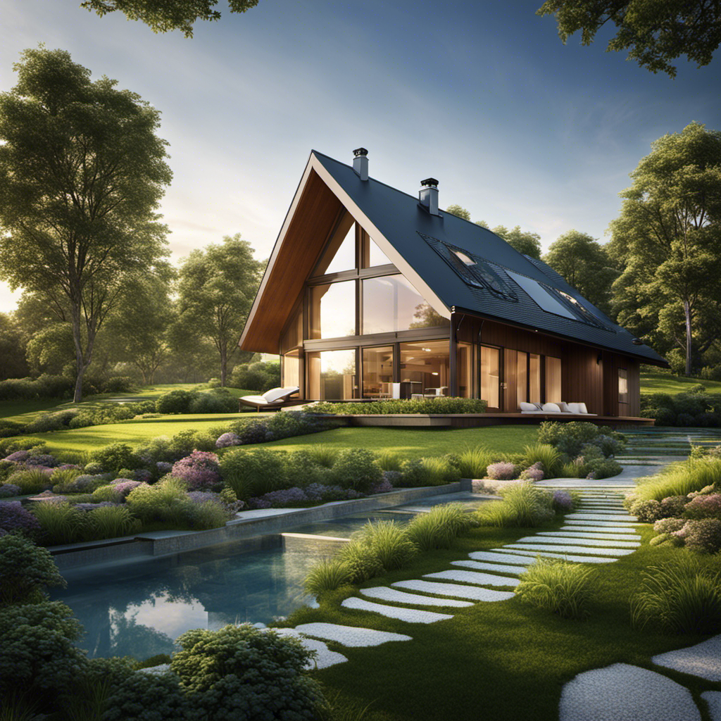 An image showcasing a serene landscape with a modern, eco-friendly house using geothermal energy