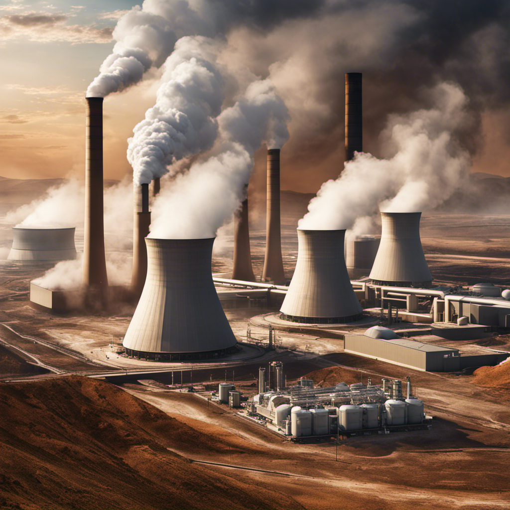 An image depicting a geothermal power plant with cooling towers emitting steam, surrounded by barren land and withered vegetation, signifying the potential environmental impact of geothermal energy