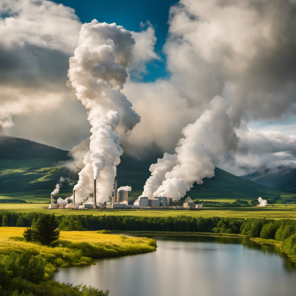 An image showcasing a serene landscape with a geothermal power plant in the foreground, emitting billowing clouds of smoke and steam, as surrounding vegetation wilts and withers away, symbolizing the negative environmental impact of geothermal energy