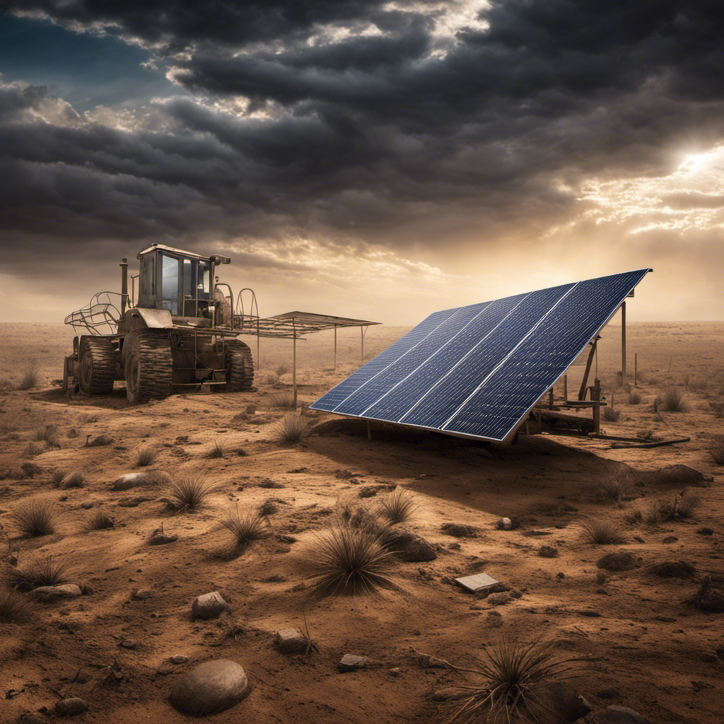 An image that depicts a deserted landscape with solar panels scattered haphazardly, covered in dust and dirt
