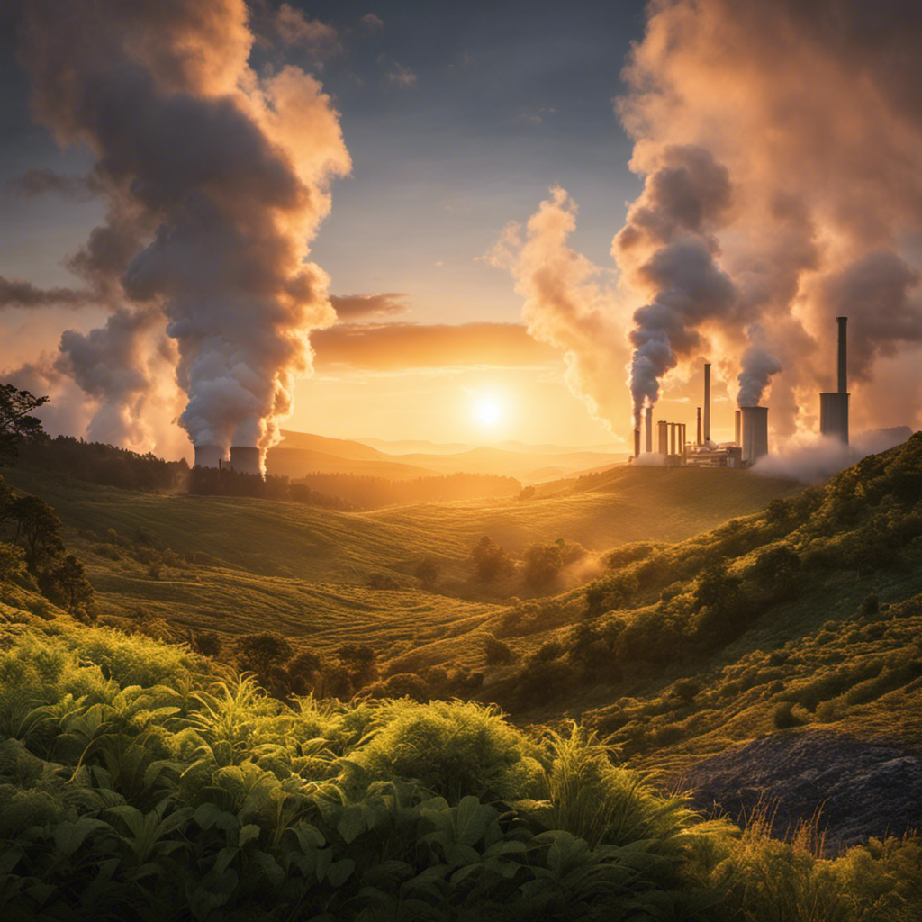 An image capturing a vast landscape dotted with geothermal power plants, their towering white steam columns blending with the surrounding greenery