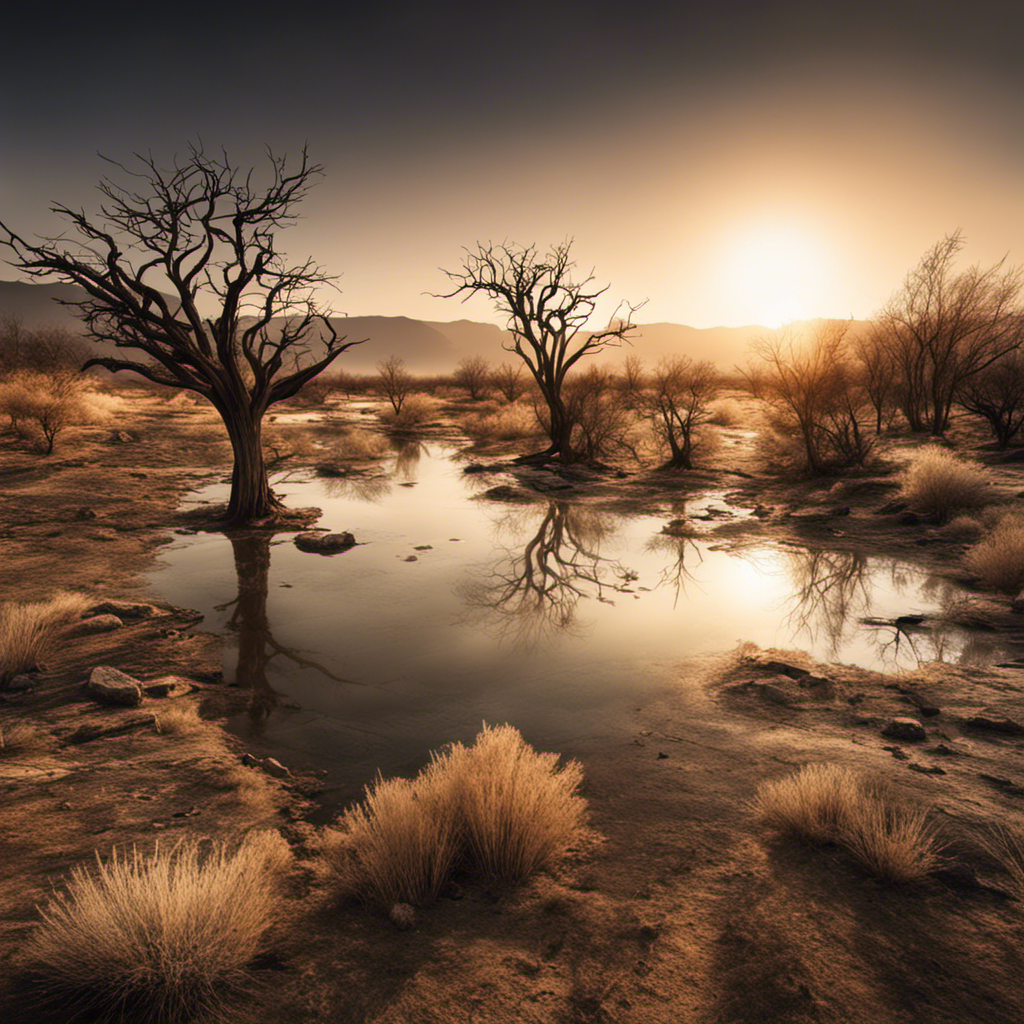 An image showcasing a barren landscape with a desolate, dry riverbed, surrounded by withered plants and dying trees