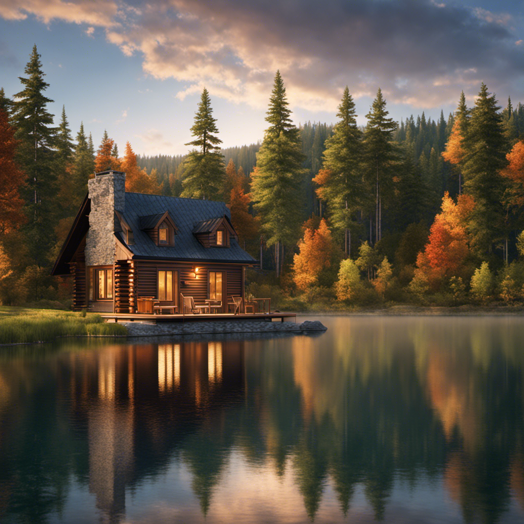 An image showcasing a tranquil lakeside scene with a picturesque cabin using geothermal energy for heating and hot water