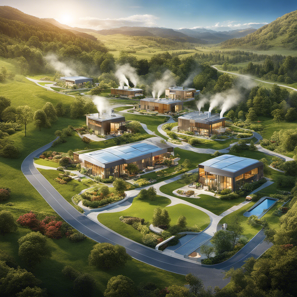 An image that showcases a vibrant community with houses, schools, and buildings seamlessly integrated with geothermal power plants