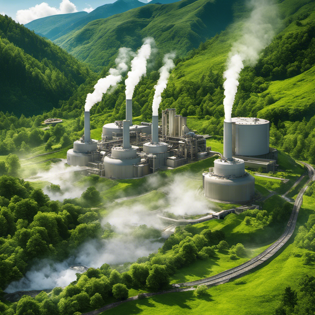 An image showcasing a geothermal energy plant against a backdrop of lush green mountains