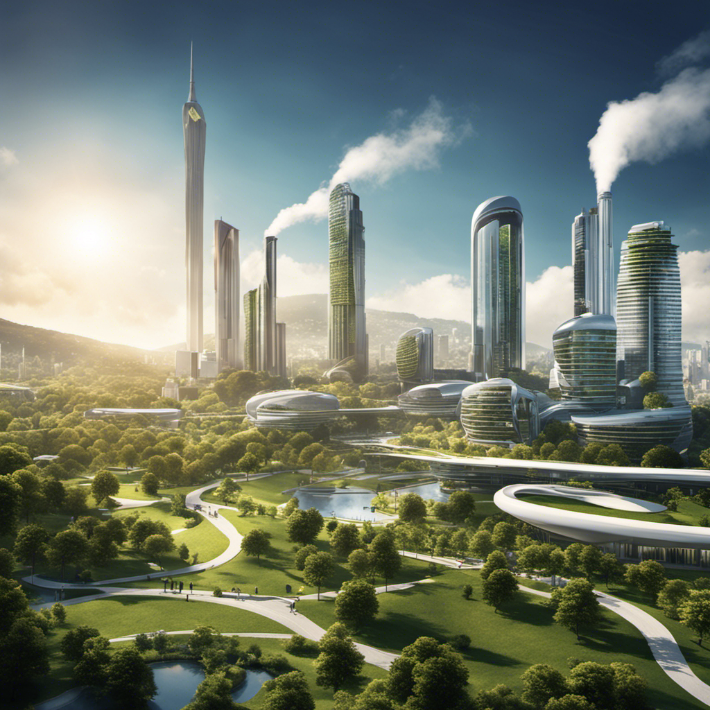 An image of a bustling city skyline, with an array of geothermal power plants seamlessly integrated among the buildings