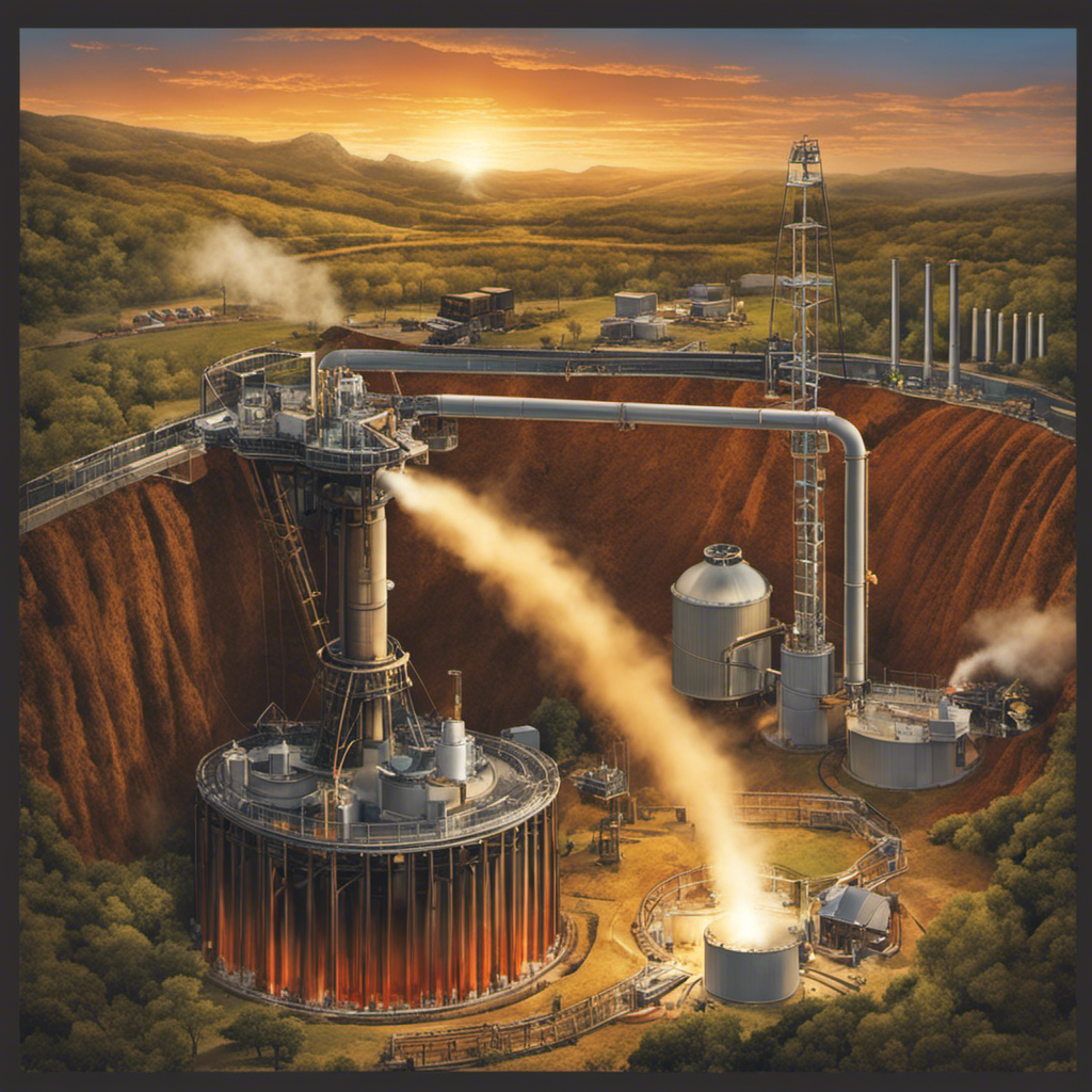 an image capturing the transformative process of geothermal energy in action: illustrate a deep well drilled into the Earth's crust, with steam rising from the ground and turbines converting heat energy into electricity