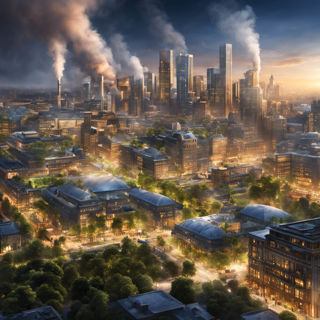 An image depicting a bustling city skyline, with buildings powered by geothermal energy
