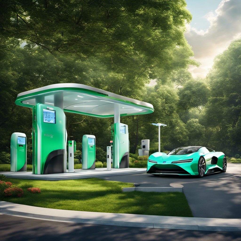 An image showcasing a futuristic hydrogen fuel station, with a vibrant green hydrogen fuel dispenser at the forefront