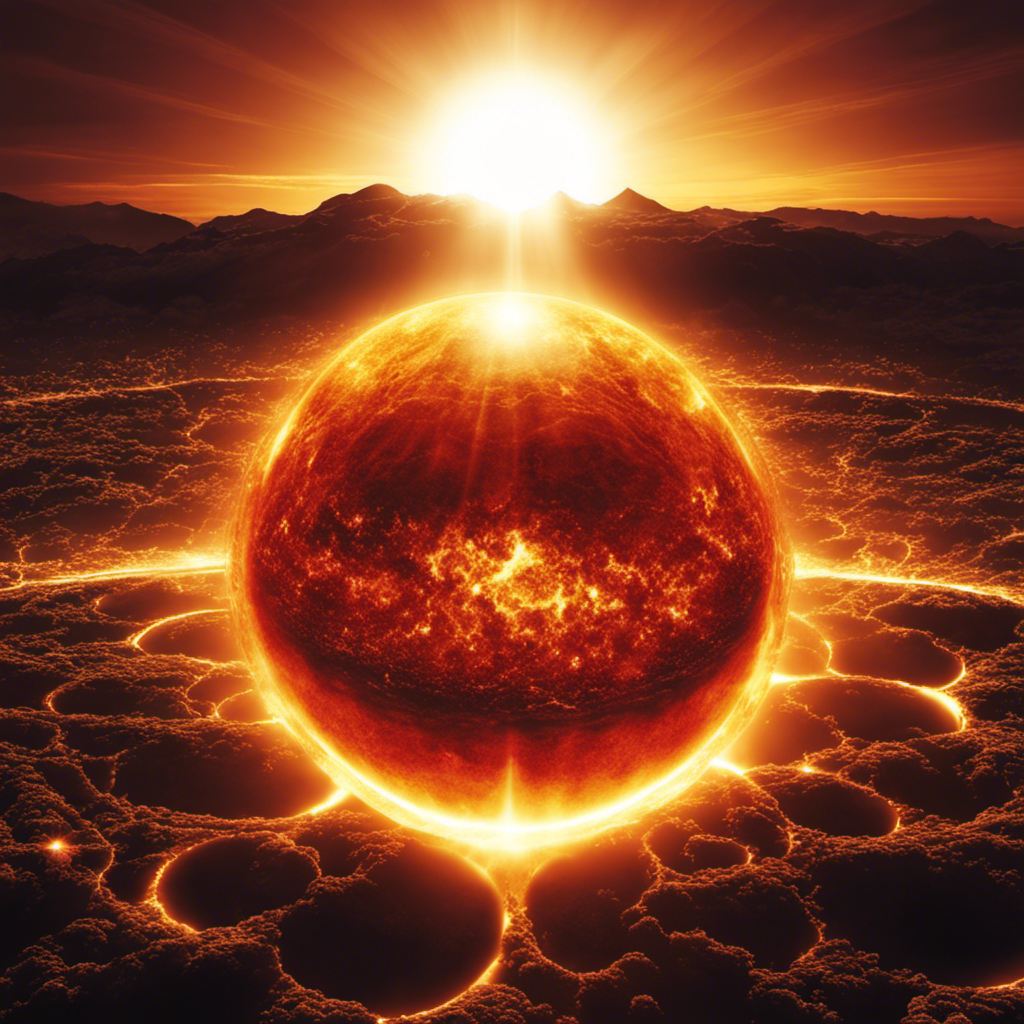 An image showcasing a radiant sun beaming its intense energy onto the Earth's surface, causing molecules to vibrate and generating heat
