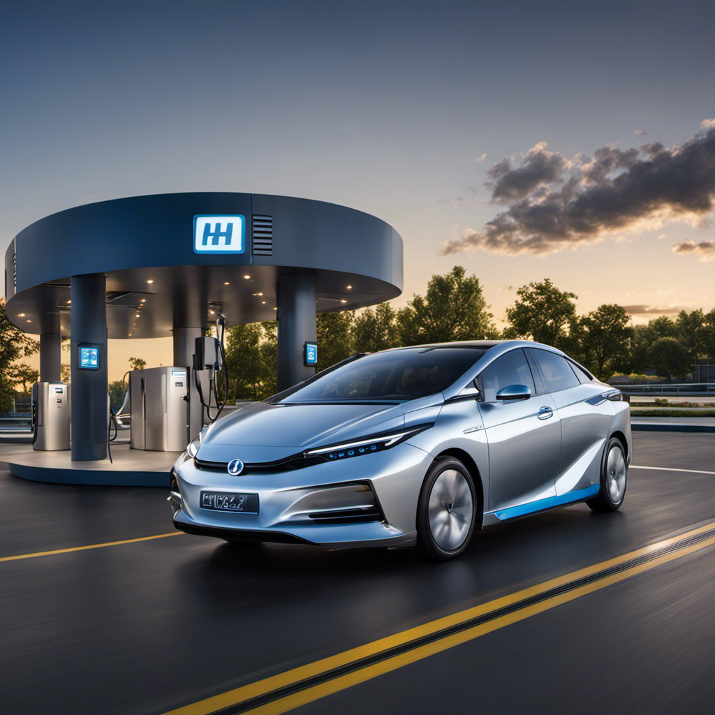 An image capturing a sleek hydrogen fuel car, its hydrogen fuel cell system, and a refueling station, showcasing the emission-free technology at work