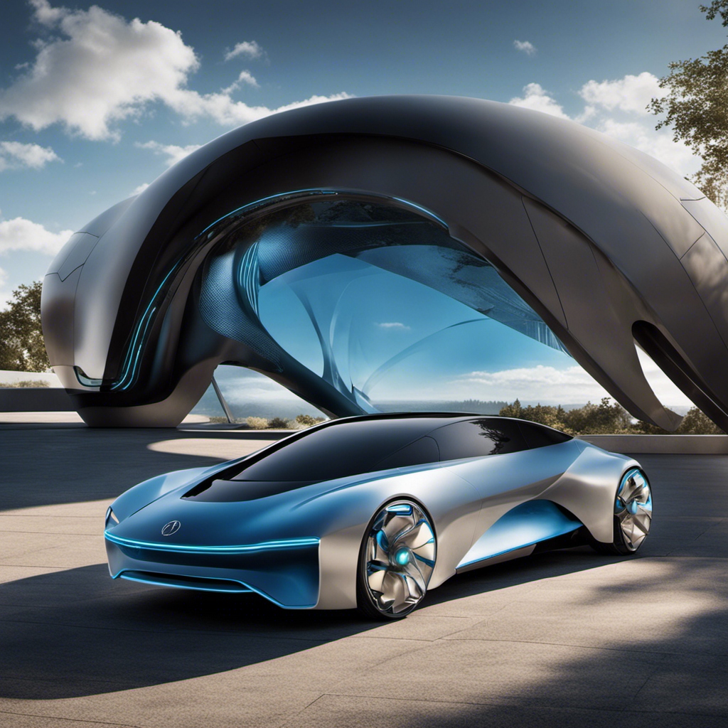 An image that showcases a sleek, futuristic car fueled by hydrogen, with its hood open to reveal a complex network of pipes and tanks, emphasizing the intricate technology behind hydrogen fuel cell vehicles