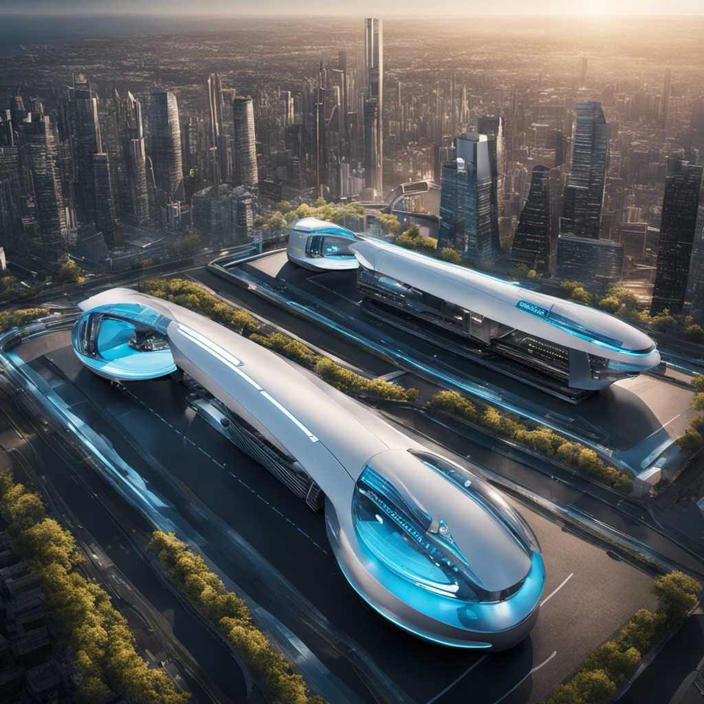 An image showcasing a futuristic cityscape with sleek hydrogen-powered vehicles seamlessly gliding along hydrogen refueling stations, while hydrogen fuel cells power buildings, highlighting the various current applications of hydrogen fuel