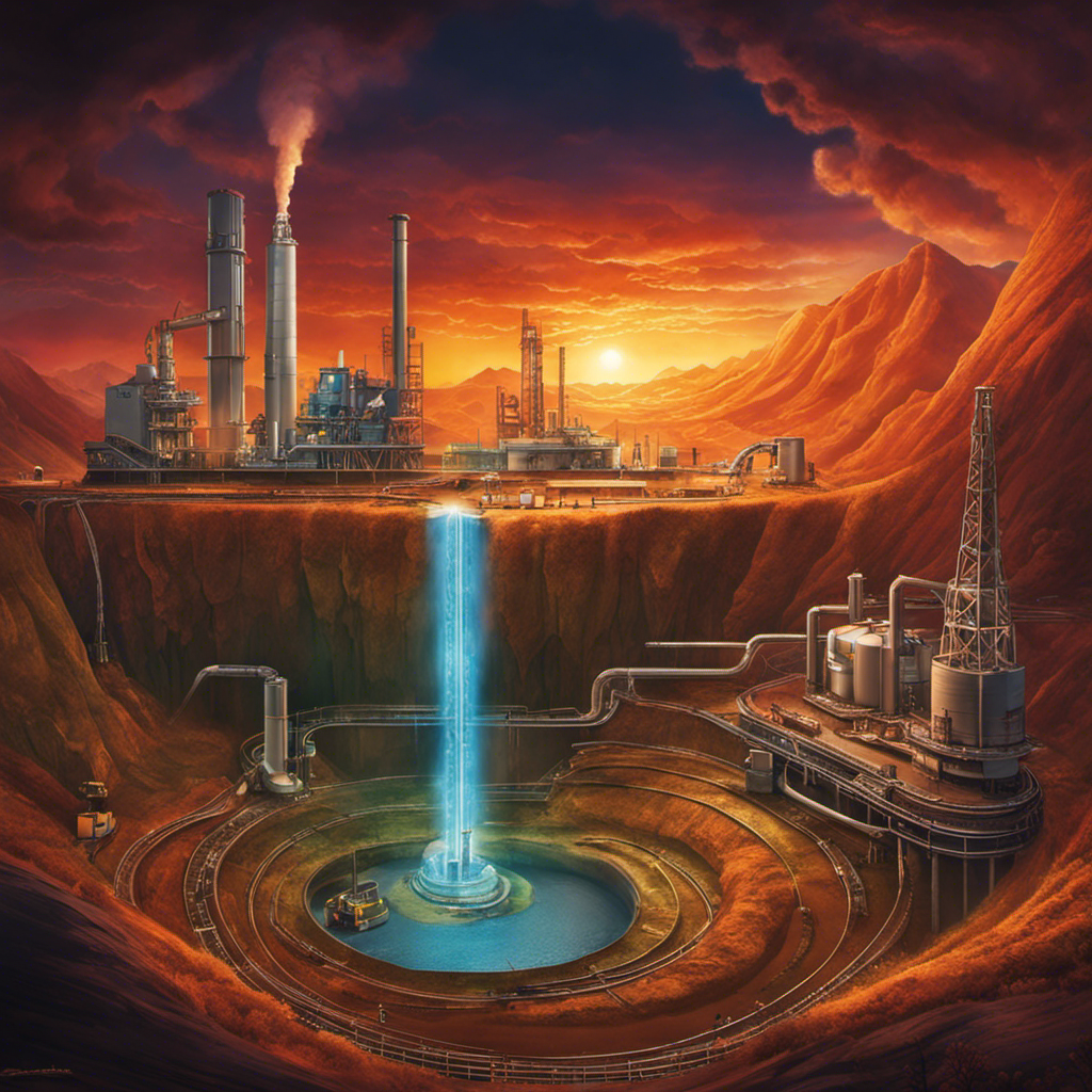 An image showcasing the intricate process of geothermal energy production, with a vibrant underground scene featuring drilling rigs extracting heat from the Earth's core, while pipes transport the energy to power turbines aboveground