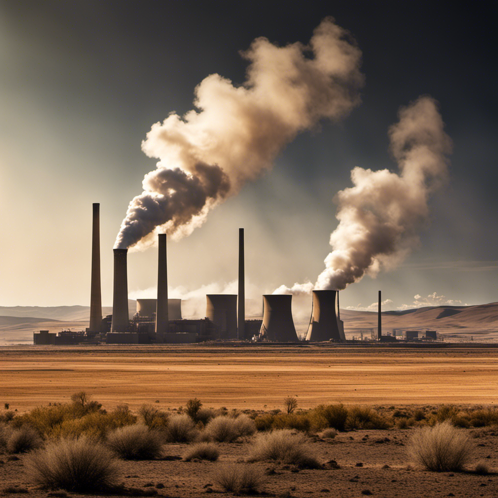 An image depicting a vast, arid landscape with an abandoned geothermal power plant in the distance