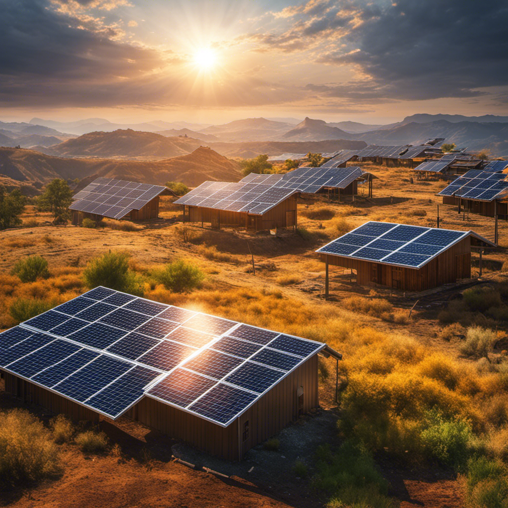 An image showcasing a vibrant sun radiating its energy towards solar panels on rooftops, while depicting a barren landscape below, symbolizing the loss of natural resources and biodiversity caused by the conversion of solar energy into electrical energy
