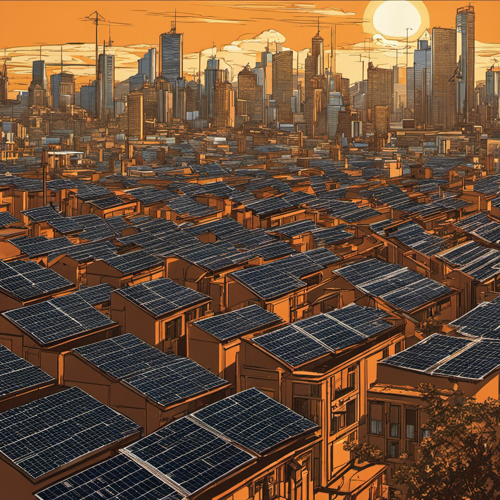 An image showcasing a bustling city skyline with solar panels adorning every rooftop