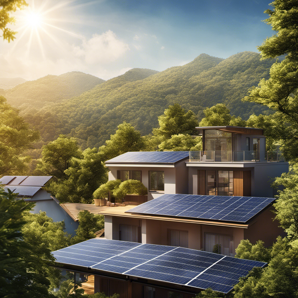 An image depicting a sunlit residential rooftop adorned with solar panels, seamlessly blending with the surrounding environment