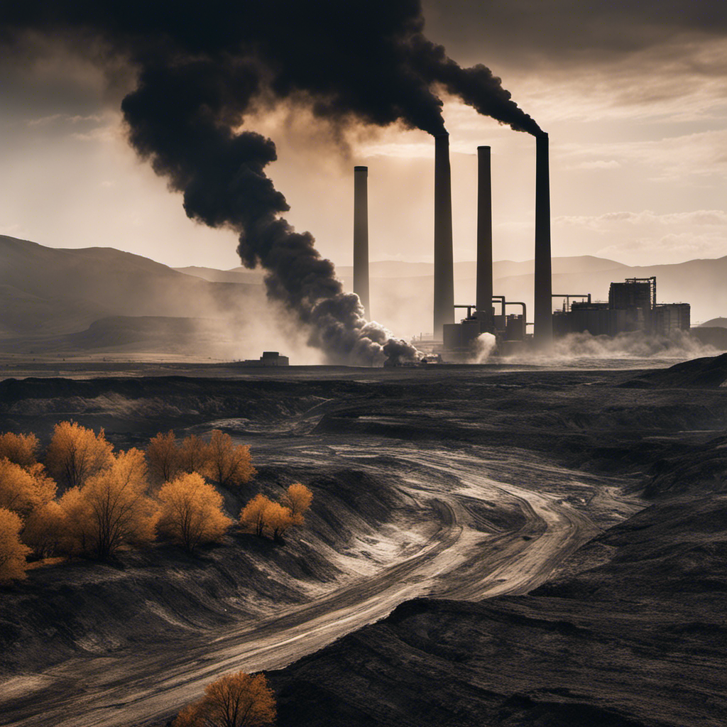 An image that depicts a landscape with cracked, barren earth and dried-up vegetation surrounding a geothermal power plant emitting thick black smoke, symbolizing the environmental impact and potential harm caused by geothermal energy