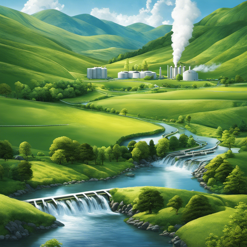An image depicting a serene countryside landscape with a modern geothermal power plant nestled amidst lush green hills