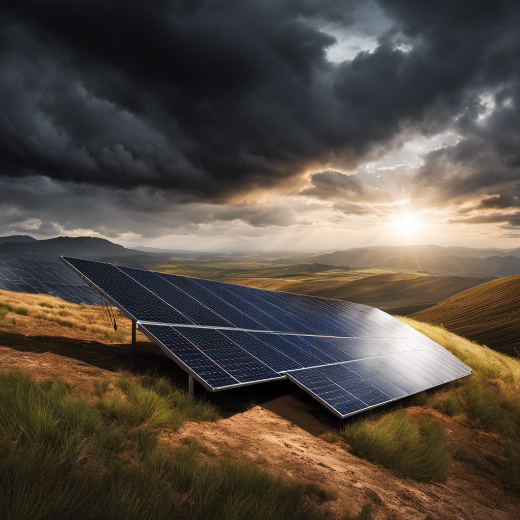 An image of a solar panel-covered landscape, with a dark cloud hovering above, casting a shadow over a deserted town, highlighting the vulnerability of solar energy during prolonged periods of inclement weather