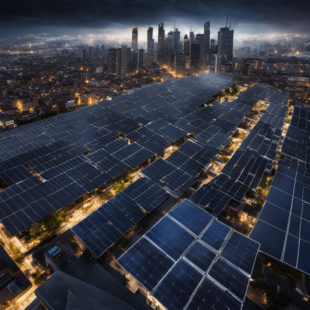 An image portraying a bustling city skyline with numerous solar panels installed on rooftops