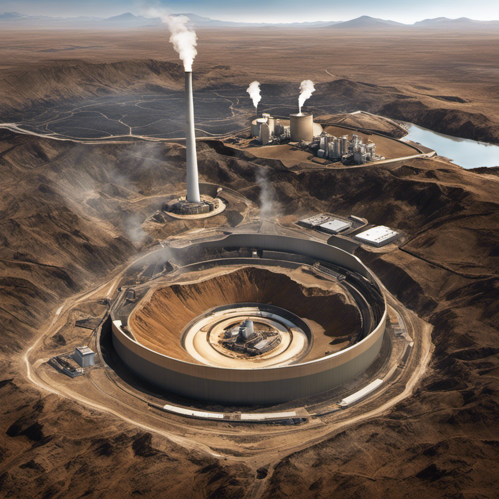 An image showcasing a vast geothermal power plant, surrounded by cracked and dried-up land, illustrating the detrimental consequences of excessive geothermal energy extraction on local ecosystems and groundwater resources