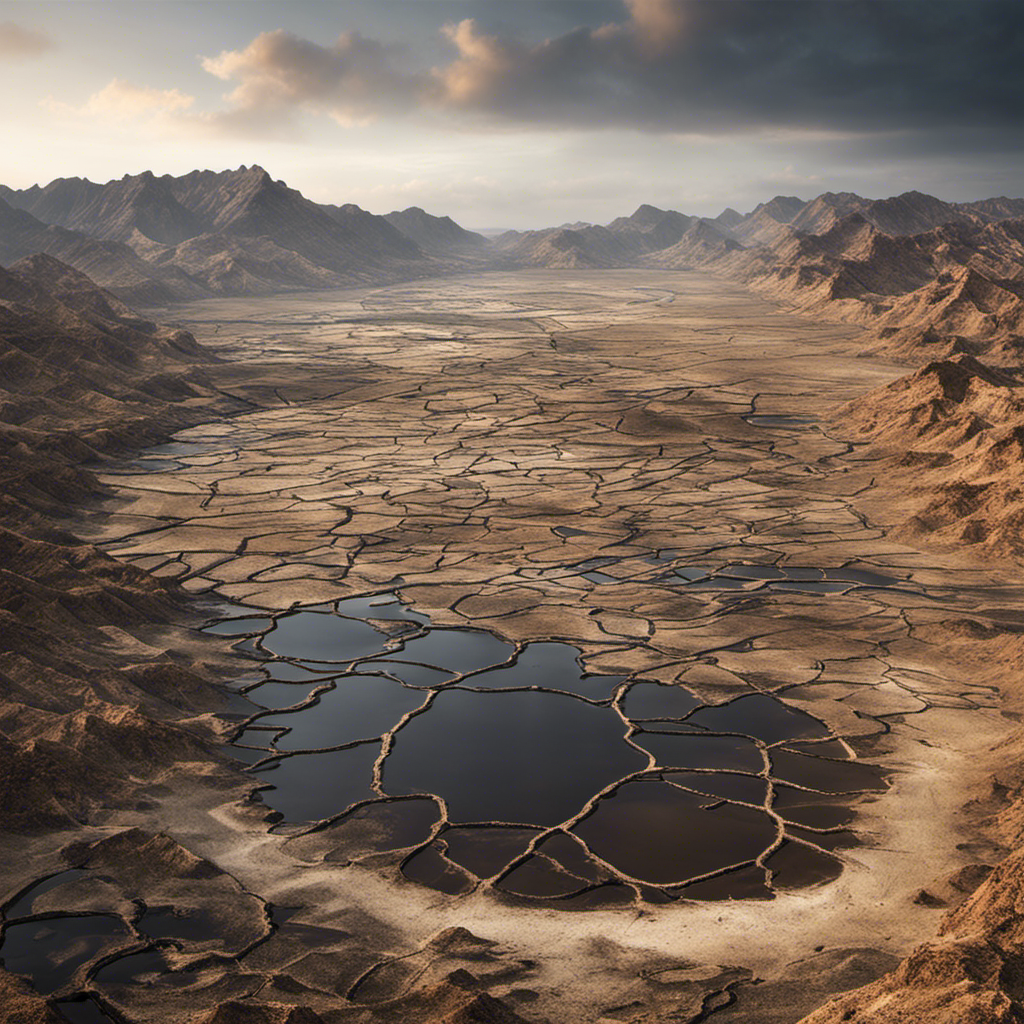 An image showcasing a barren, cracked landscape with wilted plants and dried-up water sources