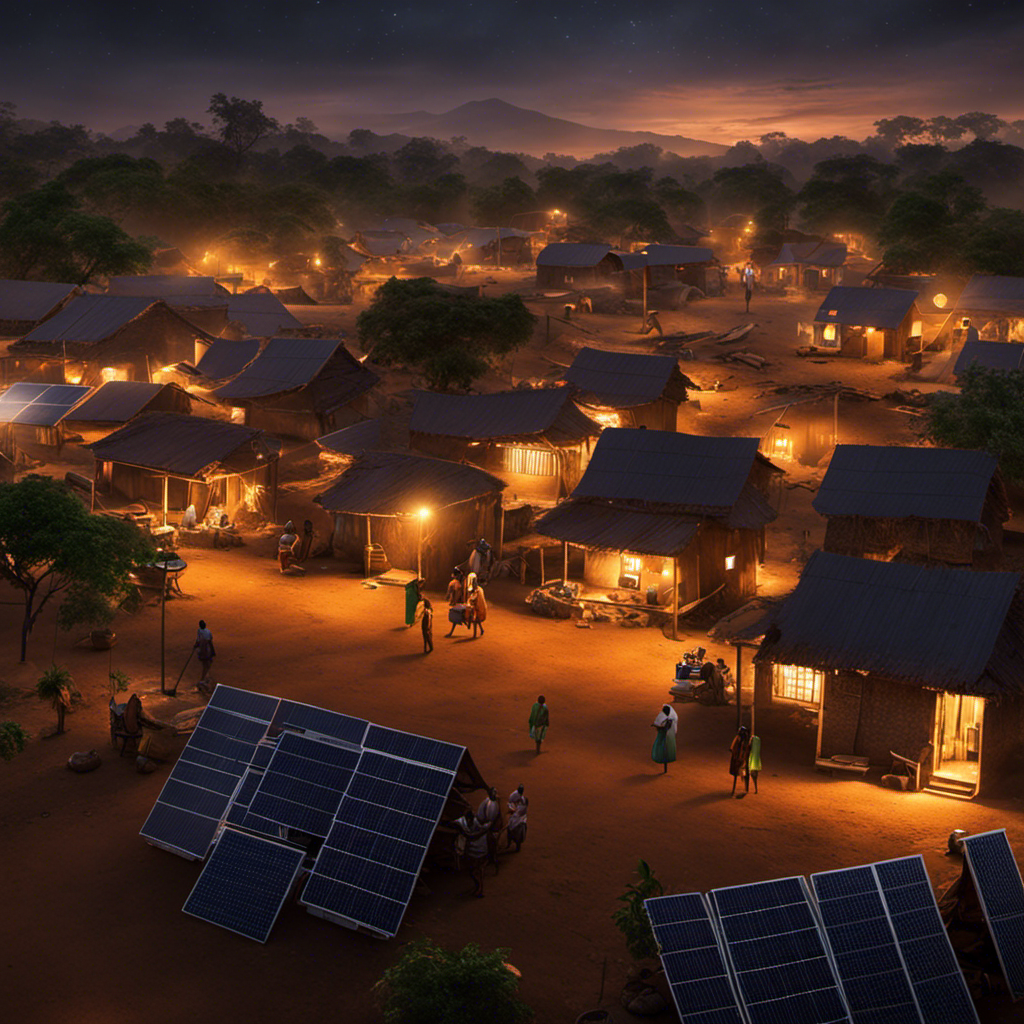 An image showcasing a remote Nigerian village basking in the warm glow of solar-powered streetlights and homes