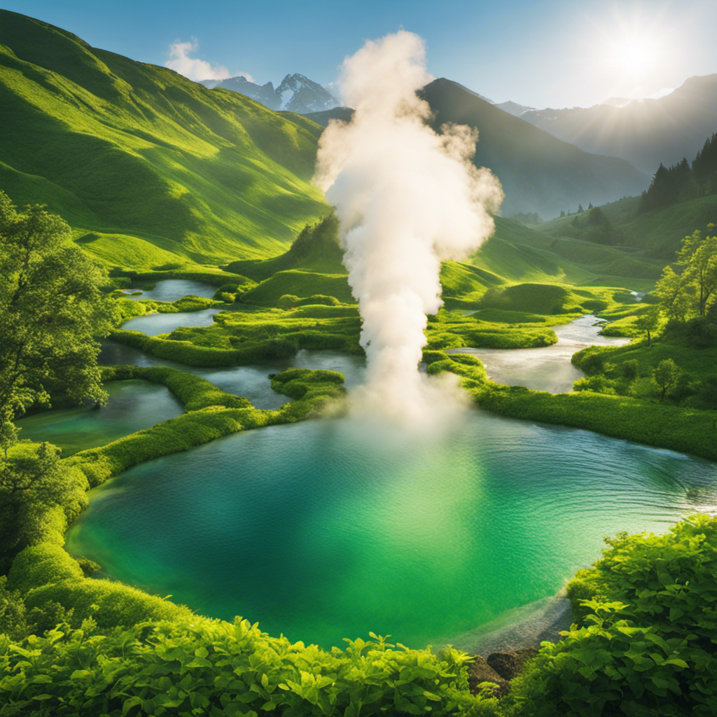 An image showcasing a lush green landscape with a serene hot spring nestled in the midst