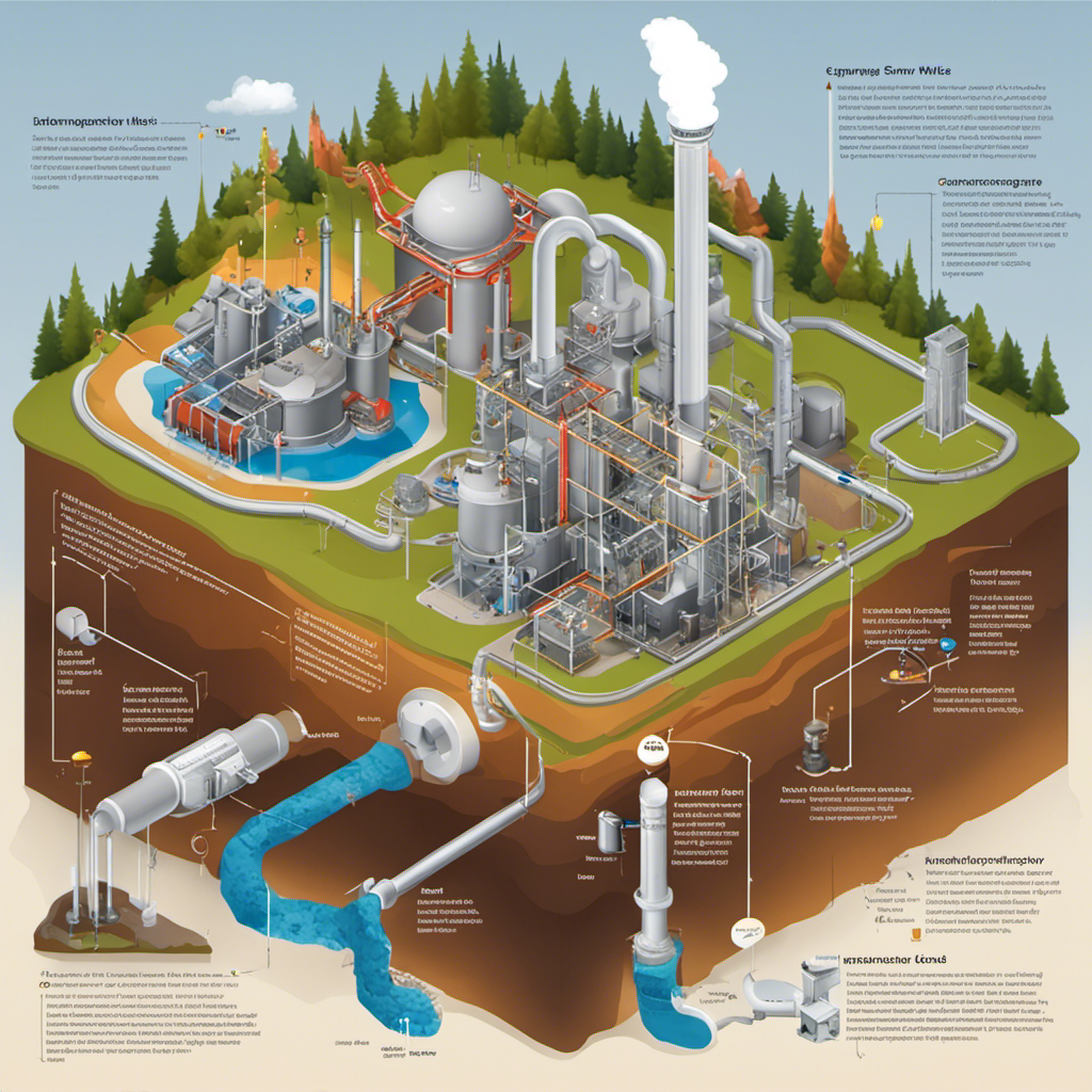 An image showcasing a diagram of a geothermal power plant, with labeled components such as geothermal wells, heat exchangers, turbines, and generators, illustrating the process of harnessing geothermal energy