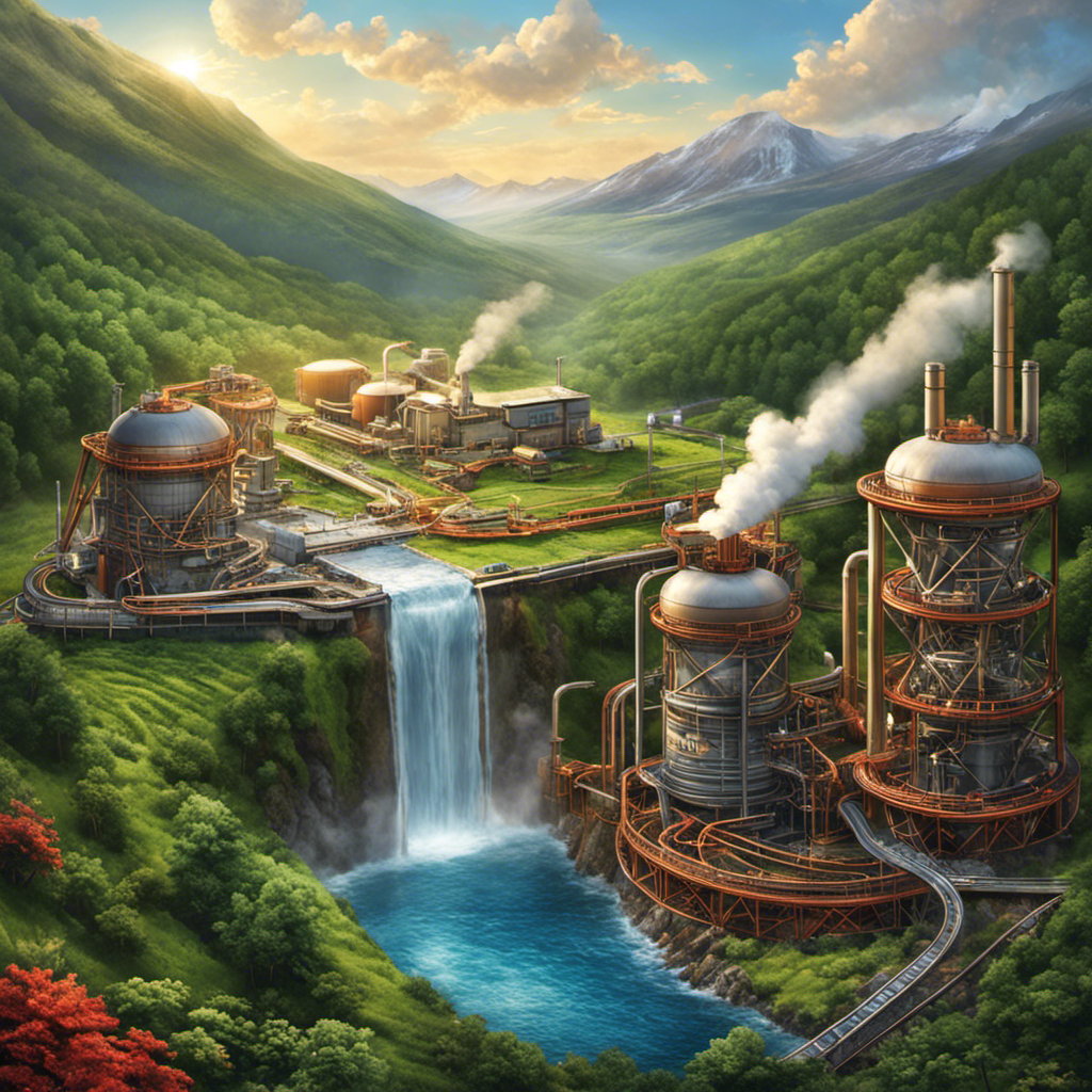 An image showcasing the intricate process of harnessing geothermal energy, featuring a deep, volcanic well pumping out superheated water and steam, surrounded by complex machinery and underground pipelines, all against a backdrop of lush green mountains