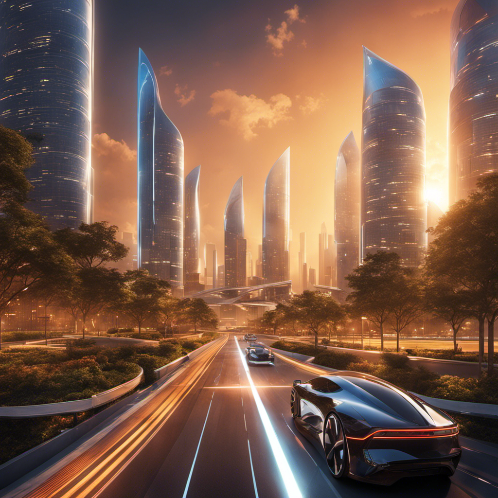 An image showcasing a futuristic cityscape, bathed in a warm glow of solar-powered streetlights, buildings adorned with sleek solar panels, and electric vehicles effortlessly gliding on sun-soaked roads, symbolizing the bright and sustainable future of solar energy