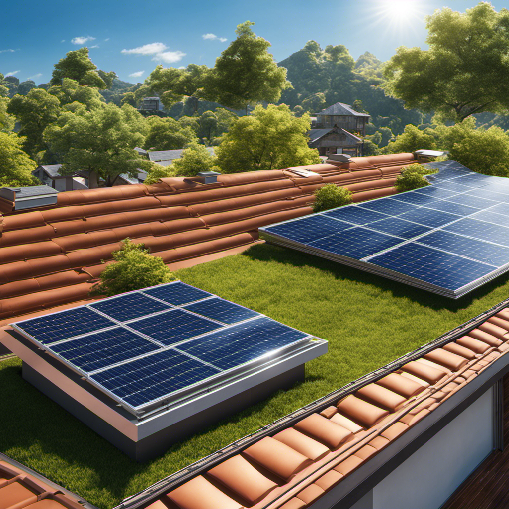 An image showcasing a picturesque rooftop covered in solar panels, basking in vibrant sunlight