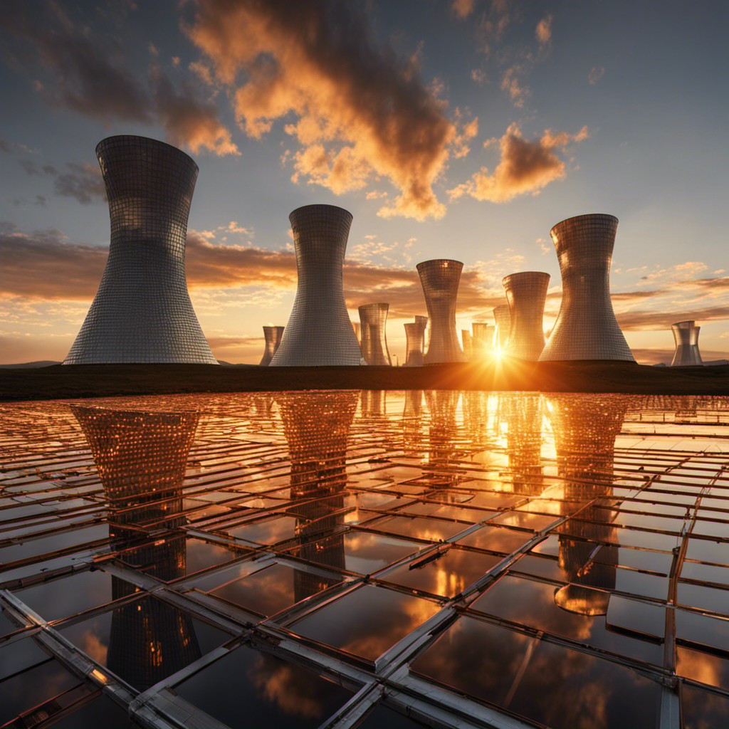 An image depicting a solar thermal power plant, with a vast field of mirrors (heliostats) reflecting the intense sunlight onto a central tower, where the heat is generated and converted into usable energy