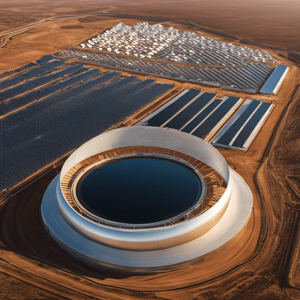 An image showcasing a large solar thermal plant with parabolic trough collectors, using concentrated solar power to heat saltwater in multiple evaporation chambers for desalination processes, resulting in clean drinking water