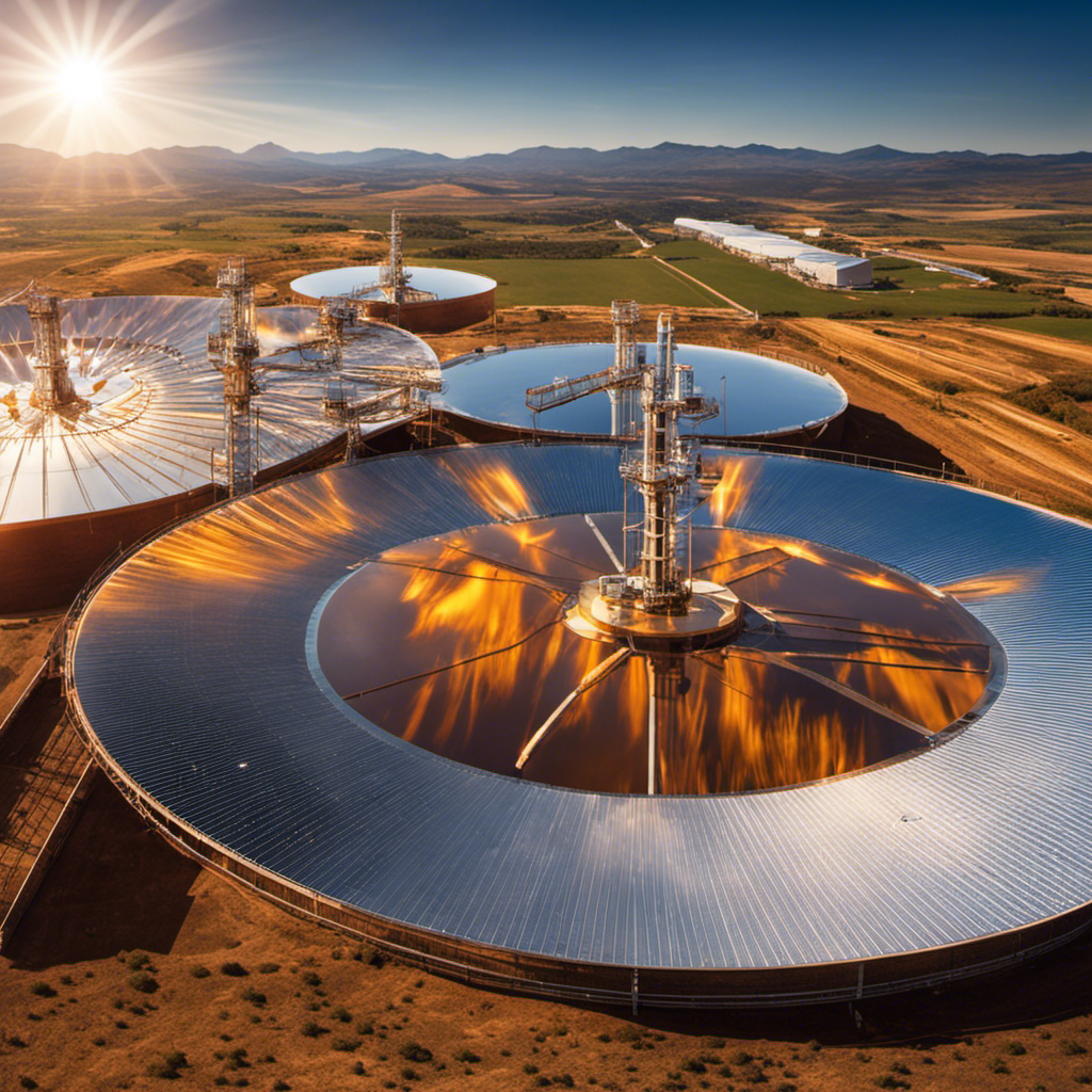 An image showcasing the process of solar thermal energy in power generation, depicting concentrated sunlight being harnessed by parabolic mirrors or heliostats to heat a fluid, which then produces steam to drive turbines and generate electricity